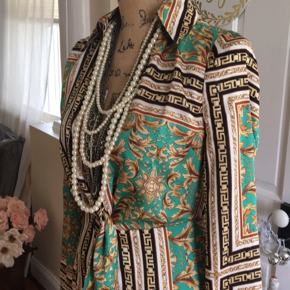 RARE • FORVER 21 • Gorgeous Baroque Maxi Coat Duster Green, Gold, Black & White - Picture 6 of 16